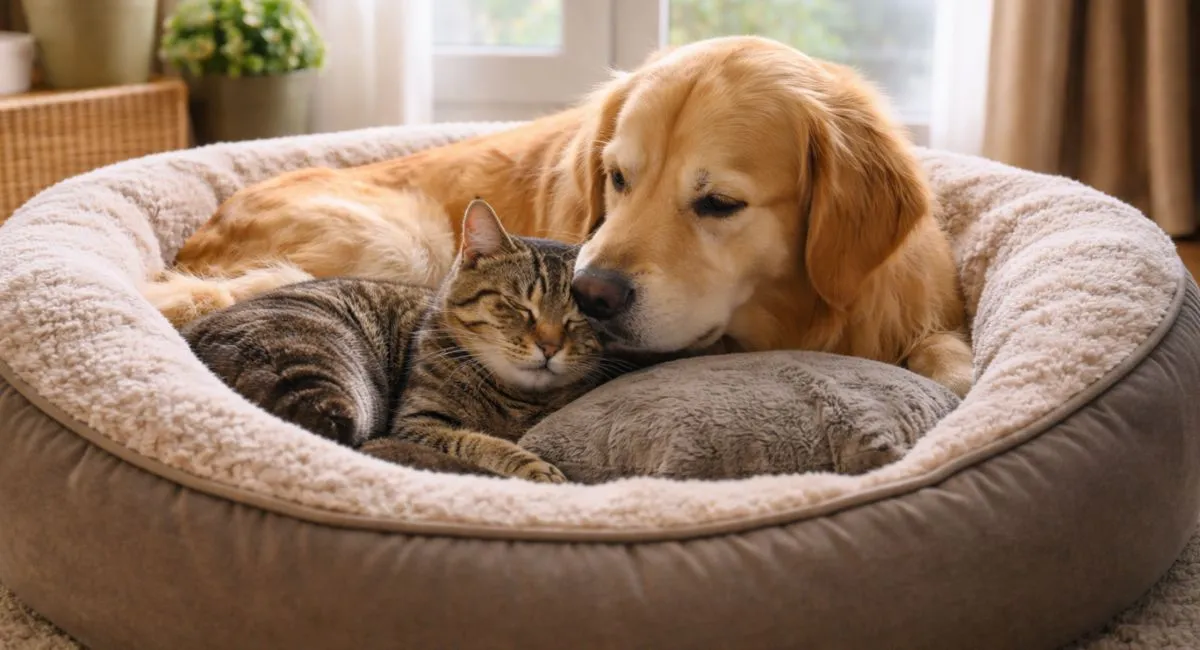Cat Safe Space: Heartwarming Moment as Cat Finds Comfort in Dog’s Bed